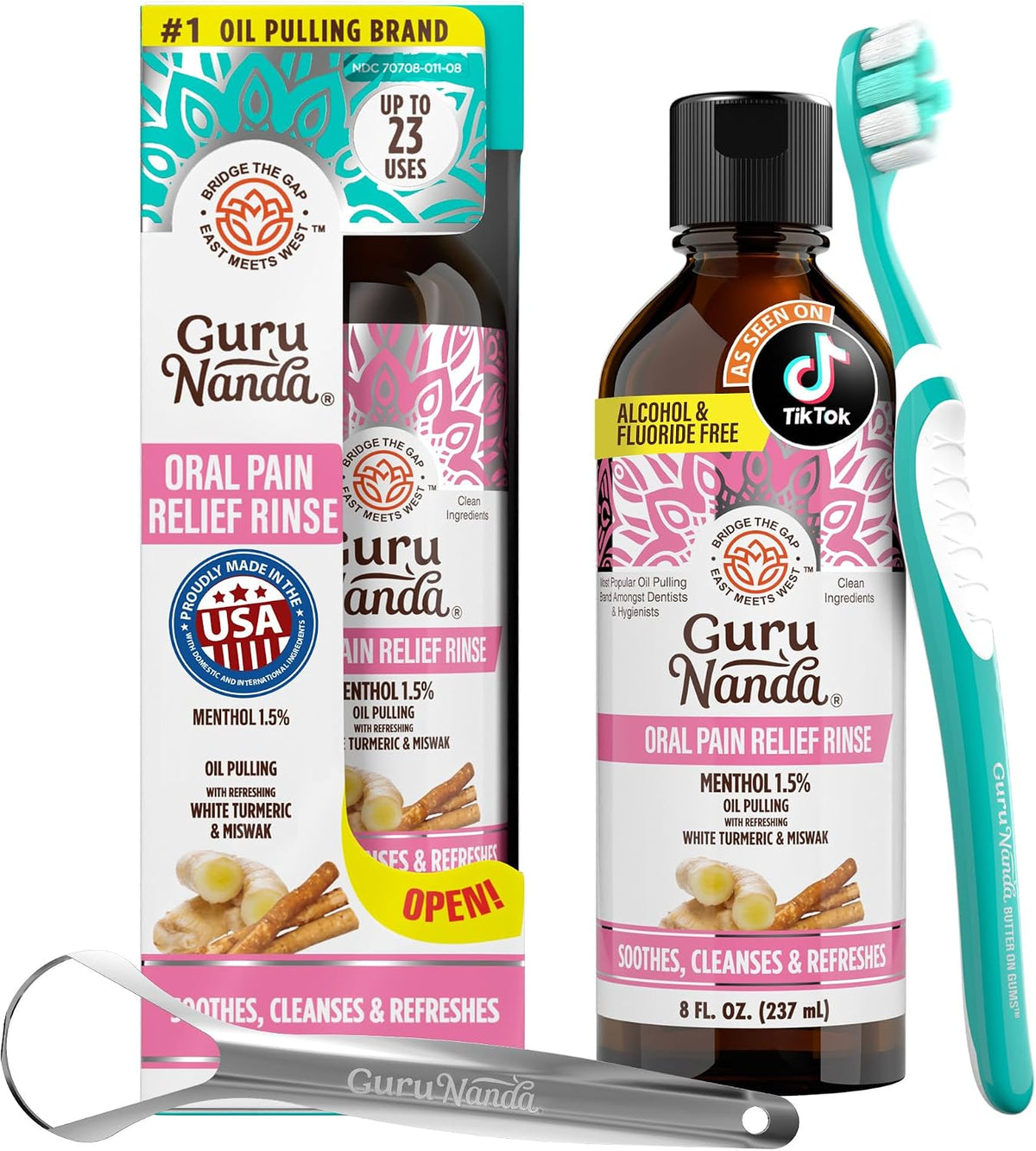 GuruNanda Oral Pain Relief Oil Pulling Mouthwash, Miswak & Clove Oil, 8oz