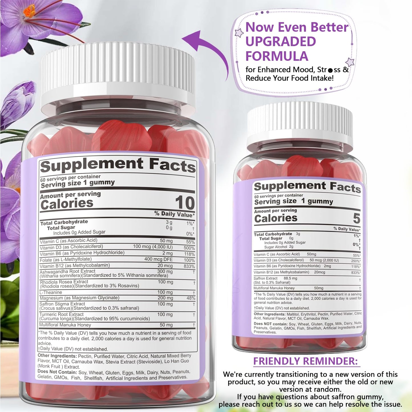 Saffron Supplements Gummies 100mg - 100% Pure Saffron Extract with Magnesium Glycinate, L-Theanine, Turmeric, Ashwagandha, Honey & Vitamin B Complex for Mood & Power, Antioxidant, Vitality - 60 Count