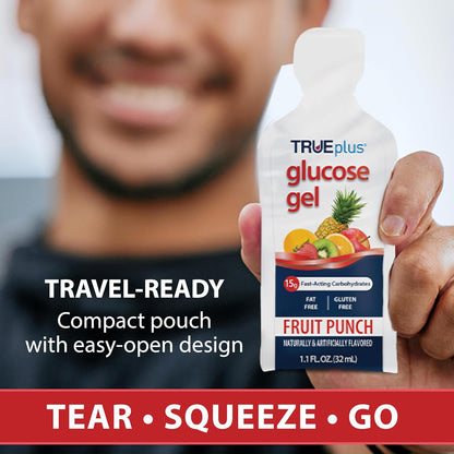 TRUEplus Glucose Gel Pouch, 15g Carbohydrates, Fruit Punch Flavor, 6 Pack | 15g Fast-Acting Carbohydrates Per Serving, Fat Free, Gluten Free, Boosts Energy, Great Tasting and Easy to Use