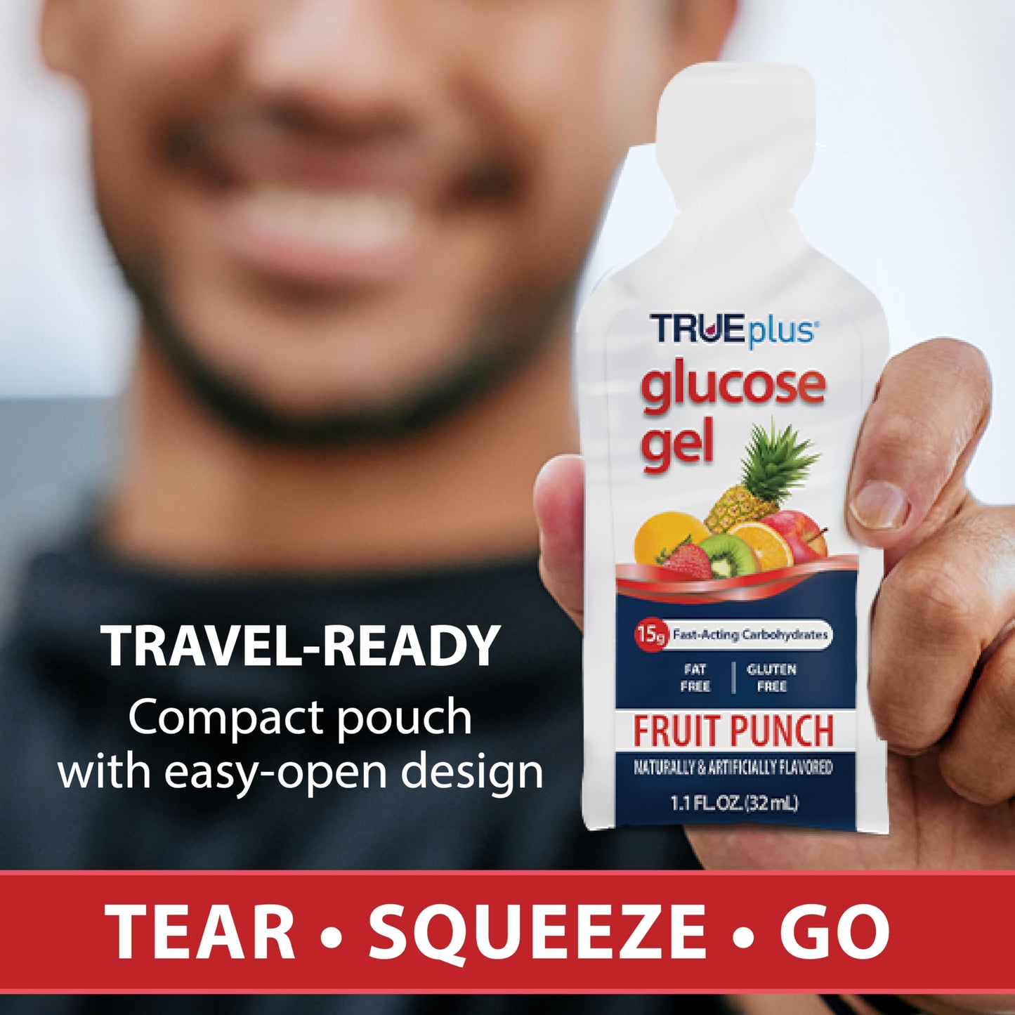TRUEplus Glucose Gel Pouch, 15g Carbohydrates, Fruit Punch Flavor, 6 Pack | 15g Fast-Acting Carbohydrates Per Serving, Fat Free, Gluten Free, Boosts Energy, Great Tasting and Easy to Use