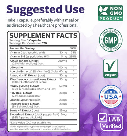 Adrenal System Support & Cortisol Manager (2 Month Supply) Powerful Ashwagandha & L-Tyrosine Fatigue Supplement - Maintain Balanced Cortisol Levels, Health, & Stress Relief - Non-GMO - 60 Capsules