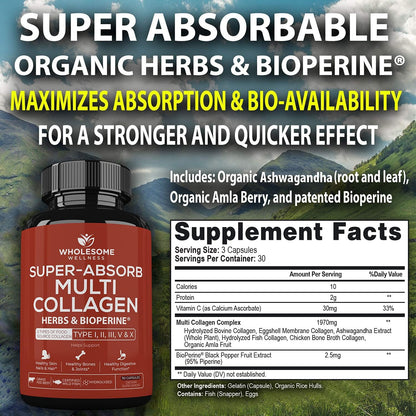 Wholesome Wellness Digestive Enzymes 1000MG Plus Prebiotics & Probiotics Supplement + Super-Absorb Multi Collagen Pills (Type I II III V X) Organic Herbs and Bioperine Bundle