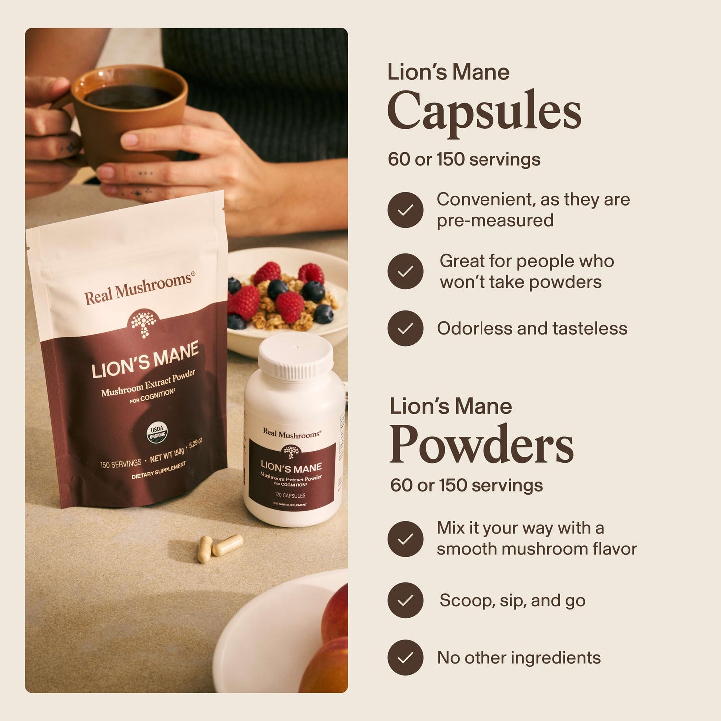 Real Mushrooms Lions Mane Mushroom Supplement - Organic Lions Mane Extract Powder for Overall Wellness with Adaptogens – Functional Vegan, Non-GMO Blend with 60 Servings