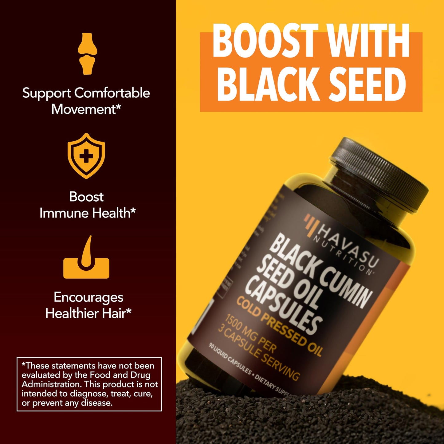 Black Seed Oil Capsules, Vegan, Non-GMO, Cold-Pressed Nigella Sativa, 90ct | 1500mg Per Serving Black Cumin Supplement for Skin Health, Immune Function, and Digestive Health, Unflavored, 30 Servings