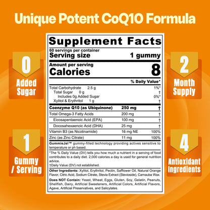 Sugar-Free CoQ10-250mg / 500mg Filled Gummies - Plus Omega-3, EPA + DHA, B3 & Zinc - Ultra Co Q-10 Supplements for Hear-t Health, Cellular Energy, Antioxidant Support, Up to 60 Day Supply, Vegan 60Cts