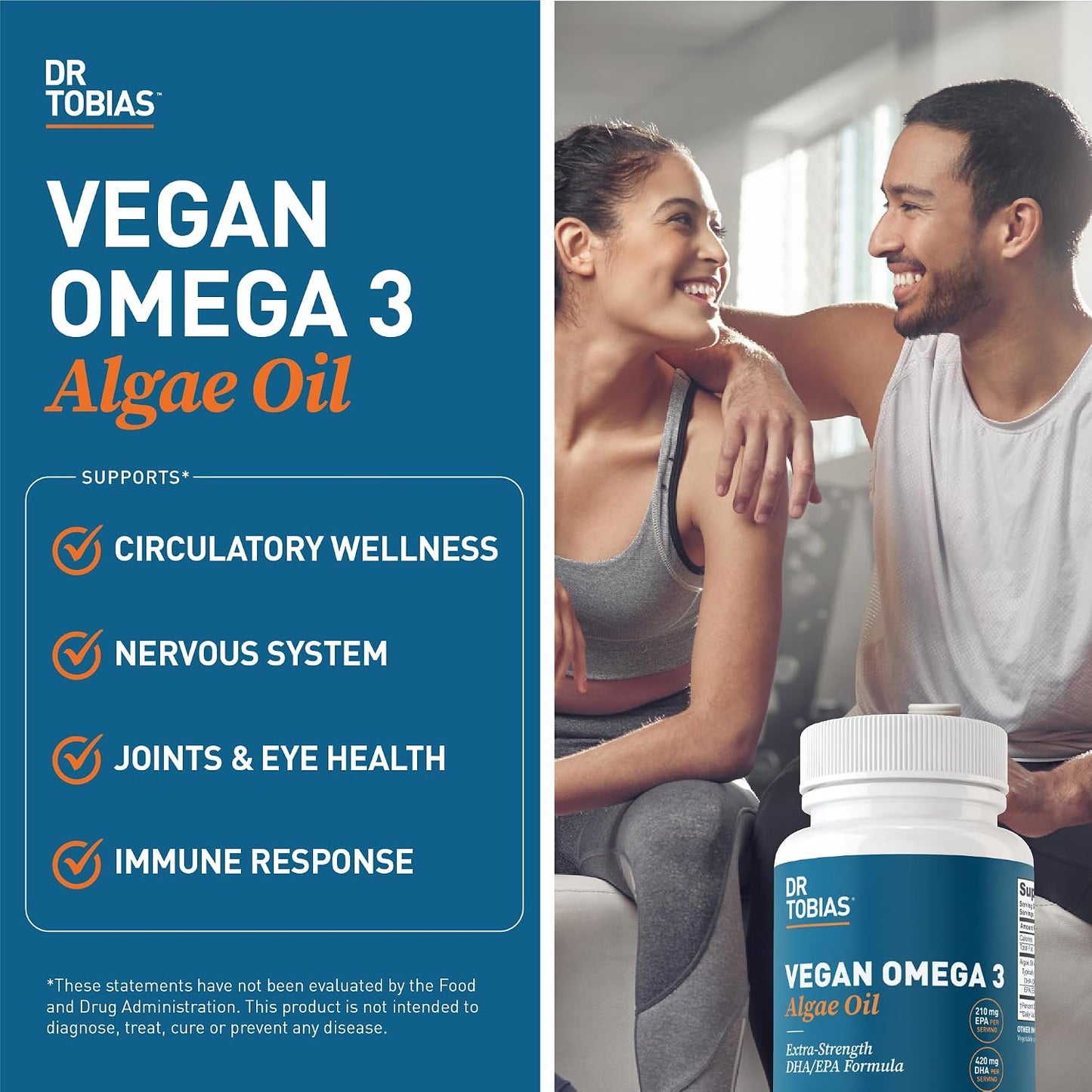 Dr. Tobias Vegan Omega 3 Algae Oil 60 Capsules | Extra-Strength DHA EPA | Plant-Based Omega 3 Supplement | Heart & Brain Support | 420 mg DHA + 210 mg EPA | Lemon Flavor | 30 Servings