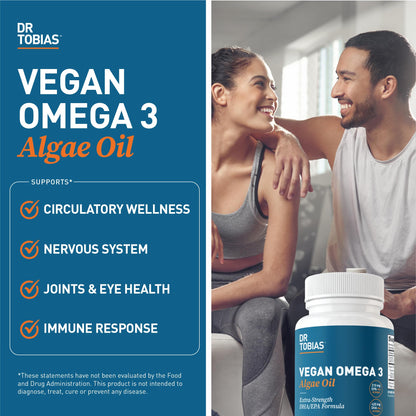 Dr. Tobias Vegan Omega 3 Algae Oil 60 Capsules | Extra-Strength DHA EPA | Plant-Based Omega 3 Supplement | Heart & Brain Support | 420 mg DHA + 210 mg EPA | Lemon Flavor | 30 Servings