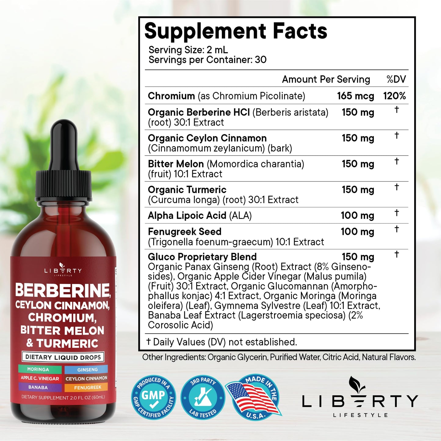 Berberine with Ceylon Cinnamon Supplement Liquid Drops + Bitter Melon Extract, Glucomannan, Gymnema, Chromium, Turmeric, Panax Ginseng, Moringa- 4 OZ