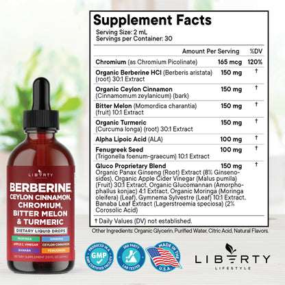 Berberine with Ceylon Cinnamon Supplement Liquid Drops + Bitter Melon Extract, Glucomannan, Gymnema, Chromium, Turmeric, Panax Ginseng, Moringa- 4 OZ