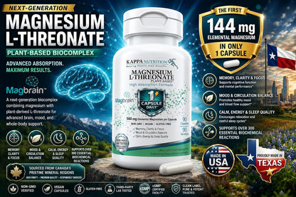 Kappa Nutrition, Magbrain® Plant‑Derived Magnesium L‑Threonate, 144 mg Elemental Magnesium, Brain & Nervous System Support, 60 Vegan Capsules, Once‑Daily Biocomplex.