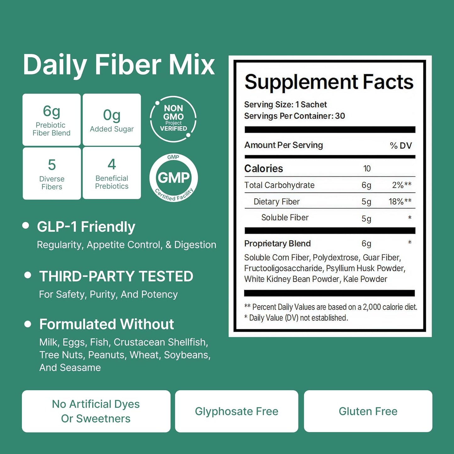 GLP-1 Support Fiber Supplement 6g Powder Packets - 30 Sachets | 5 Diverse Fibers with Prebiotics for Appetite Suppressant, Regularity, PHGG, Psyllium Husk, Daily Drink Mix for Women & Men