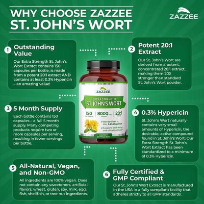 Zazzee Extra Strength St. John’s Wort 20:1 Extract, 0.3% Hypericin, 150 Vegan Capsules, 5 Month Supply, Hypericum Perforatum, Mood & Emotional Wellness Support, Herbal Supplement, Non-GMO, Made in USA