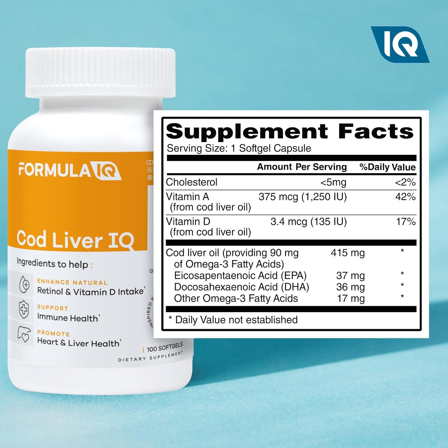 Formula IQ - Cod Liver IQ - Cod Liver Oil Softgels - Natural Source of Vitamins A & D and Omega-3 Fatty Acids - Heart, Liver & Immune Health - 100 Softgels