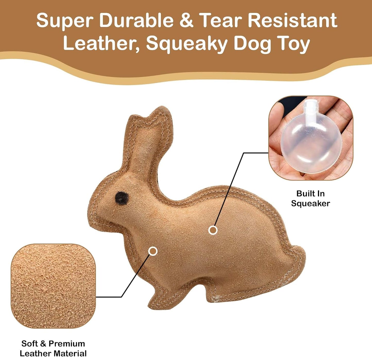 SPOT Dura-Fused Leather Rabbit Dog Toy – Durable Real Leather & Jute Chew Toy with Squeaker, Double-Stitched for Moderate Chewers, Small & Medium Dogs, 7.5in