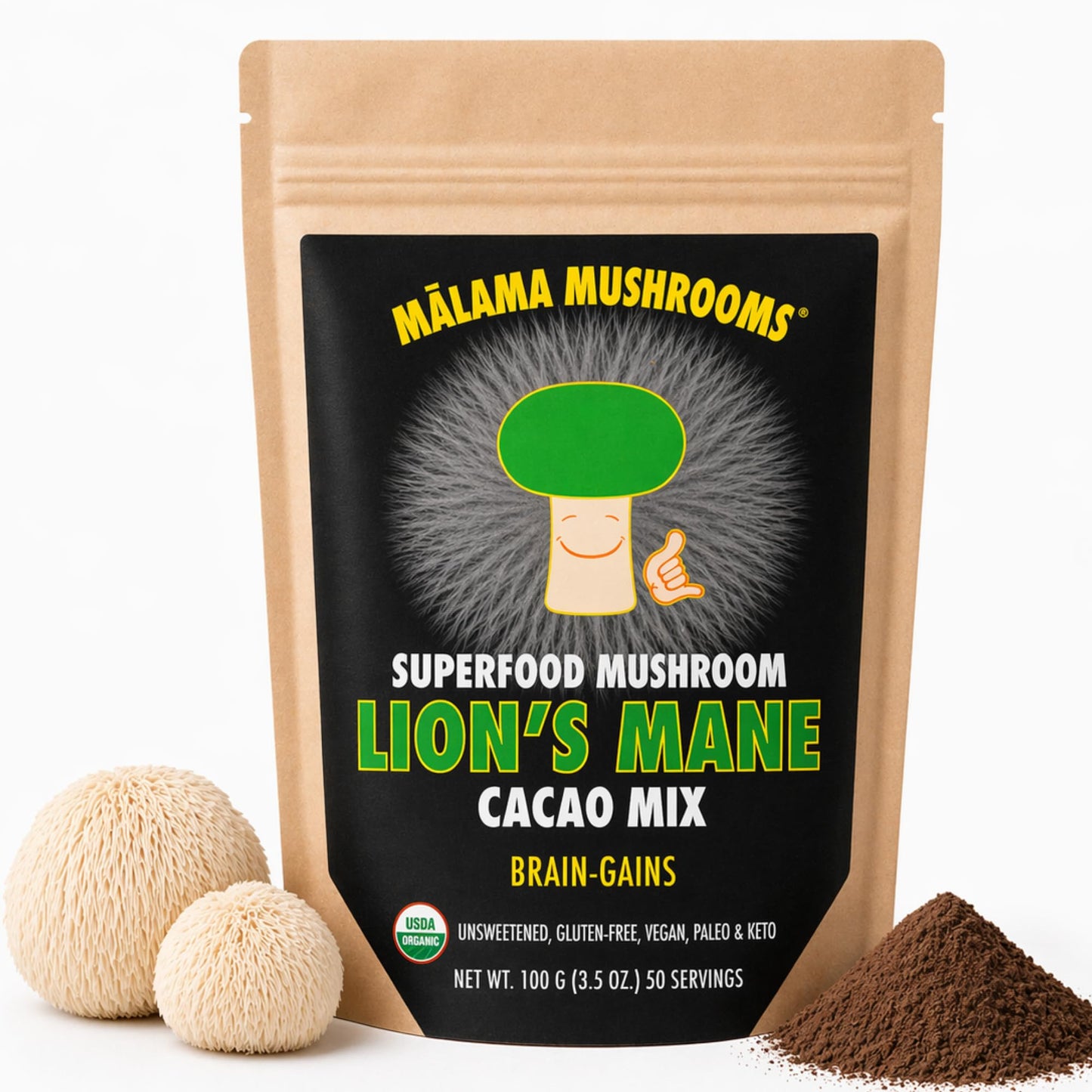 Malama Organic Mushroom Hot Cacao Mix, Lion's Mane Mushroom Powder with Fair Trade Cacao for Focus, Memory, & Immune Support – Vegan Superfood, Non GMO, 3.5 oz (50 Servings)