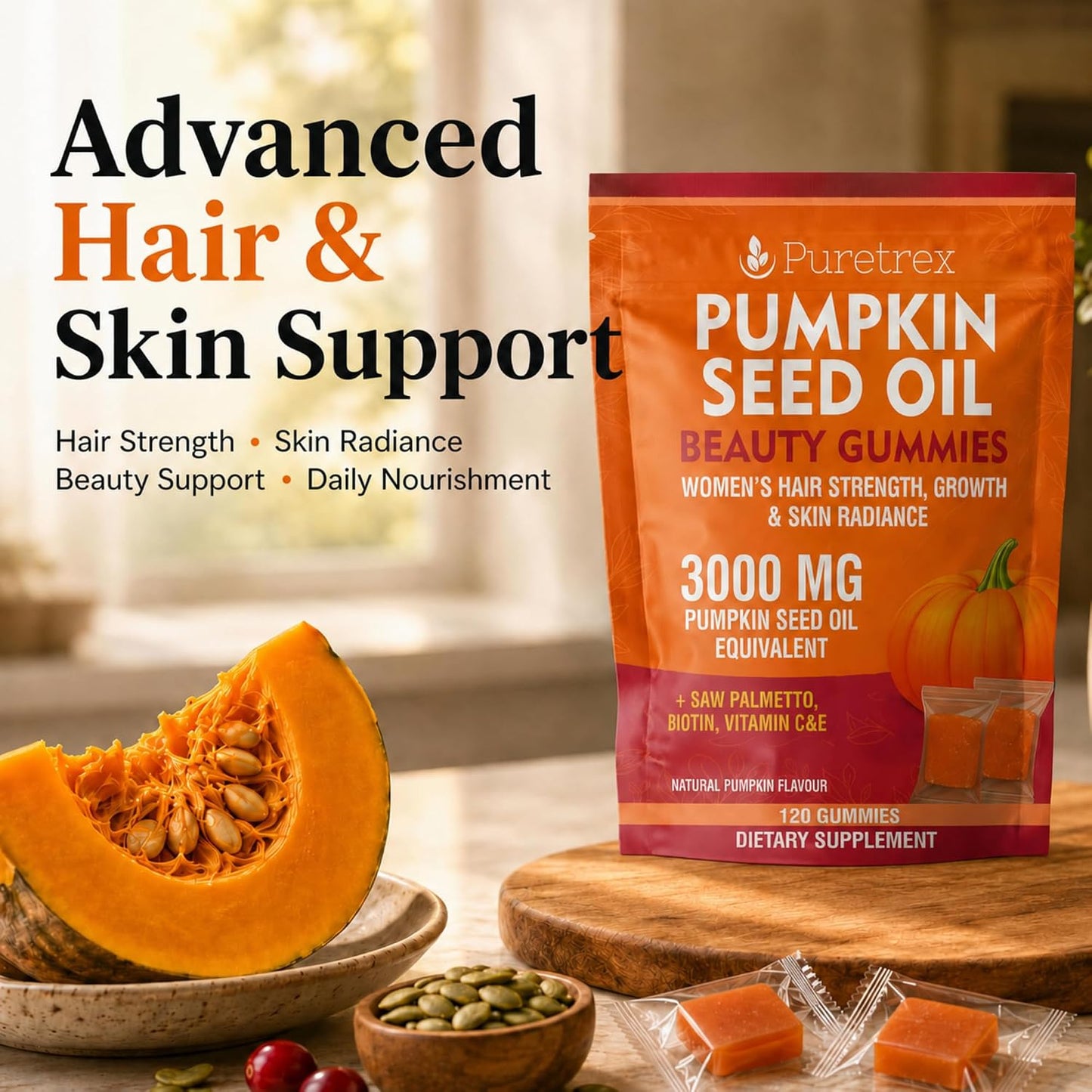 Pumpkin Seed Oil Beauty Gummies 3000mg, Saw Palmetto, 120 Vegan Chewables for Women Hair Growth, Strength, Skin Radiance, Biotin 2500mcg, Vitamin C, E, Zinc, Selenium, BioPerine, Pectin, Made in UK
