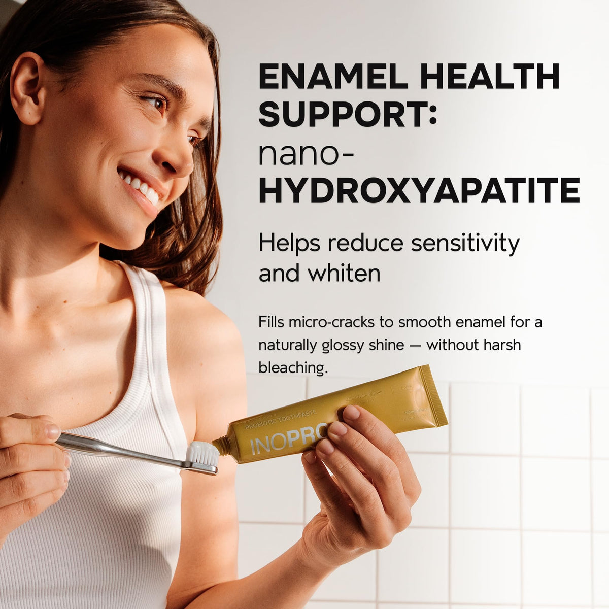 INOPRO Whitening Hydroxyapatite Toothpaste with Probiotic for Sensitive Teeth, Fluoride Free Enamel Support Toothpaste, SLS Free, Baking Soda, Coconut Oil, 5oz