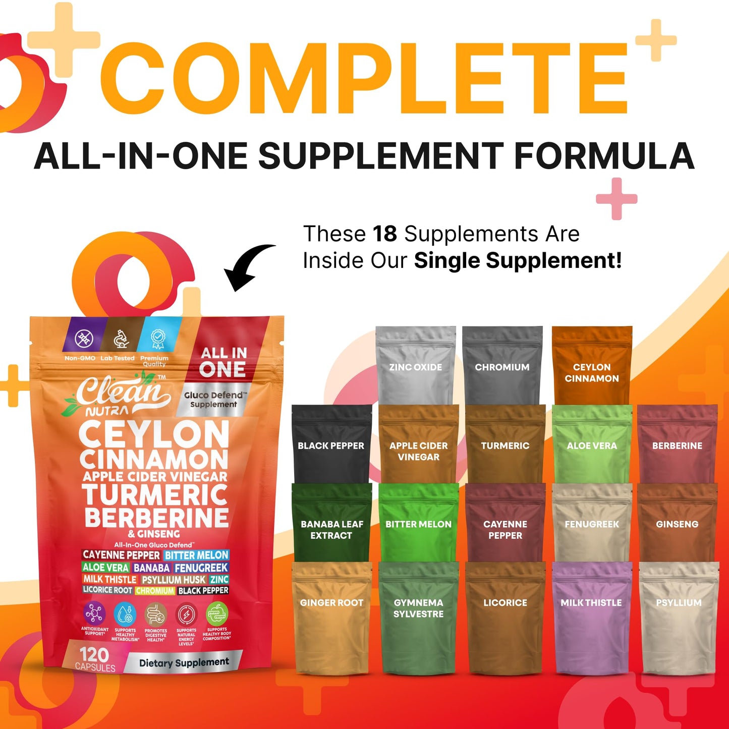 Clean Nutraceuticals Ceylon Cinnamon Capsules + Berberine Turmeric Apple Cider Vinegar Ginseng Bitter Melon (Karela) Gymnema Milk Thistle Fenugreek Supplement Pills Powder for Men & Women