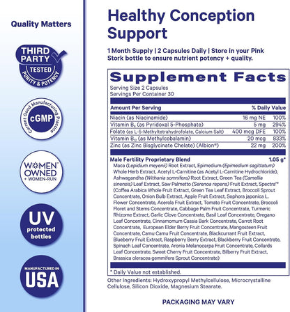 Pink Stork BlueStork Men's Fertility Support - Supports Conception for Him - Male Prenatal Vitamins with Maca Root, Ashwagandha, Folate, B12 - Sperm Heath, Drive, Motility - 60 Capsules