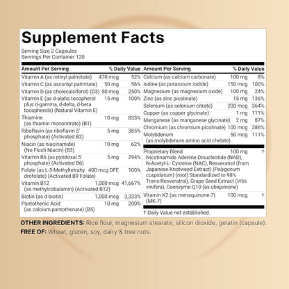 Methylated Multivitamin for Men and Women, 240 Capsules | 27-in-1 Formula with Vitamins B Complex, C, D3, K2, NAD, NAC, CoQ10, Resveratrol, Magnesium, Zinc & More | Daily Essential Vitamins