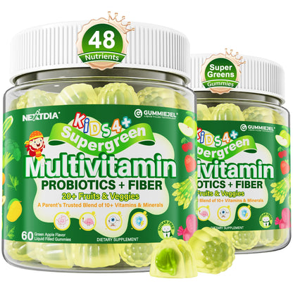 Kids Multivitamin Gummies, 20+ Super Greens Fruit Veggies Supplement Superfood Daily Fiber Gummies for Picky Eater with Probiotics Kids Gummy Vitamins & Minerals for Growth, Gut, Immune Support, 60Cts