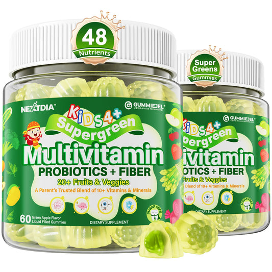 Kids Multivitamin Gummies, 20+ Super Greens Fruit Veggies Supplement Superfood Daily Fiber Gummies for Picky Eater with Probiotics Kids Gummy Vitamins & Minerals for Growth, Gut, Immune Support, 60Cts