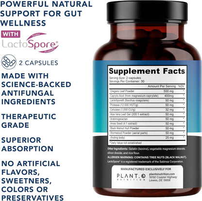 Candida Cleanse Supplement & Yeast Support with Probiotics (LactoSpore®), Oregano Oil, Caprylic Acid, Black Walnut – Advanced Gut Health, Digestive Enzymes, pH Balance for Women and Men – 60 Capsules