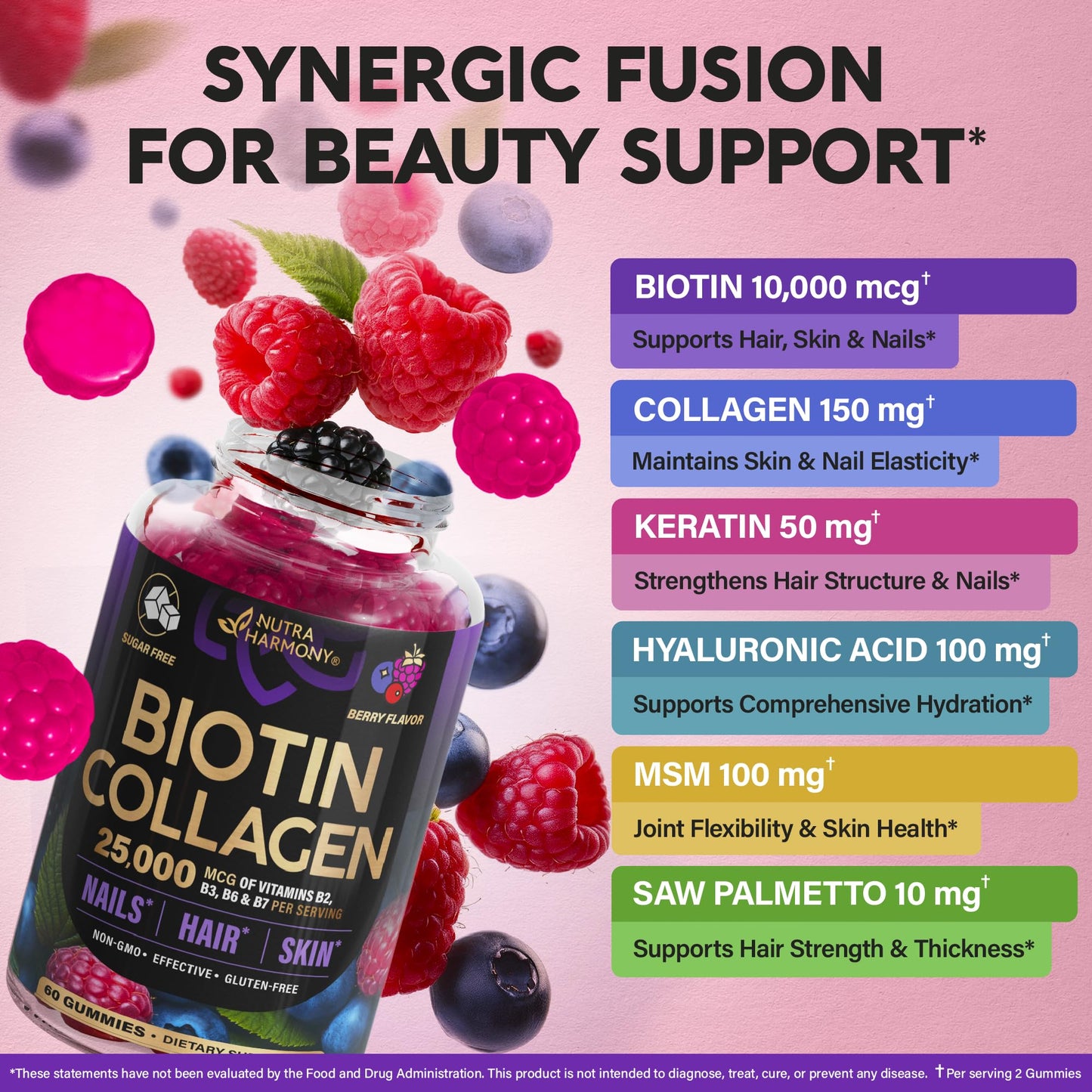 Biotin Gummies with Collagen - Hair Growth Support, Skin, & Nail Strength - for Women & Men - Biotin 10000mcg | Keratin | Hyaluronic Acid | B-Complex | Nettle - Sugar-Free, Mixed Berry, 60 Gummies