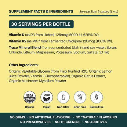 Organic Vitamin D3 5000 IU (Lichen) + K2 120 mcg (Fermented Chickpea), Immune, Bone & Heart Health with Calcium Absorption | Trace Minerals, Lemon & Citrus, Sugar Free, Spray (1 FL OZ, 30 Servings)