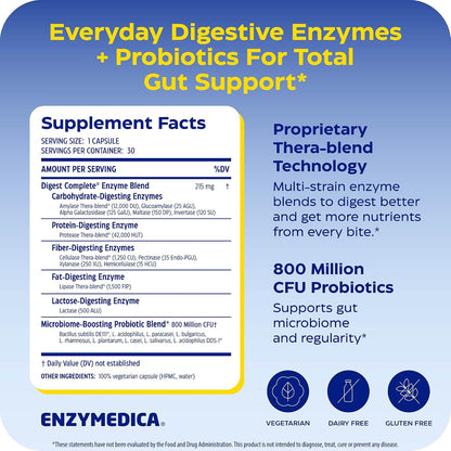 Enzymedica Digest Complete + Probiotics - Digestive Enzyme Supplement for Women & Men, Enzyme and Probiotic Capsules for Digestion, Gut Health Support, Helps Gas & Bloating, Vegetarian - 90 Caps