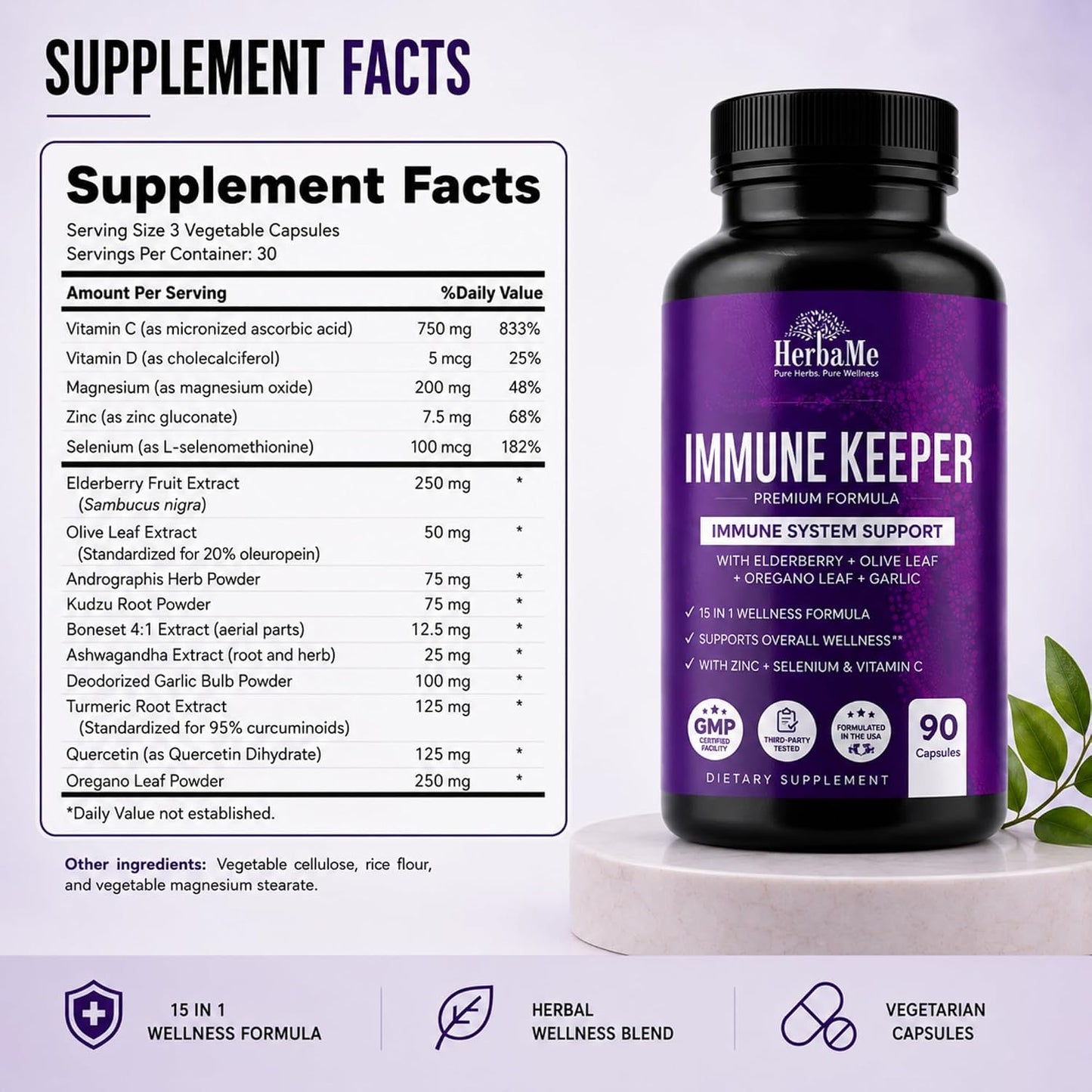 HerbaMe Immune Support Supplement, 15 in 1 Daily Wellness Formula with Elderberry, Quercetin, Zinc, Vitamin C & Selenium, Olive Leaf & Garlic for Men & Women, 90 Capsules