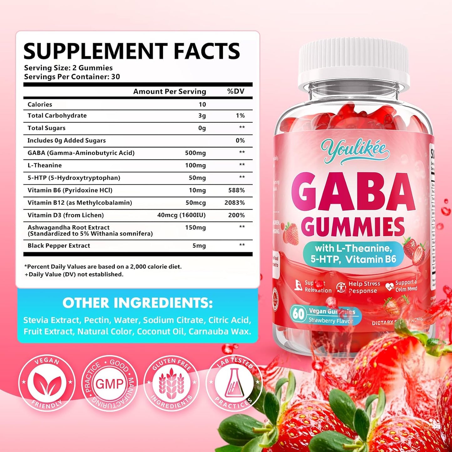 GABA Gummies, Strawberry Flavor, 60 Count
