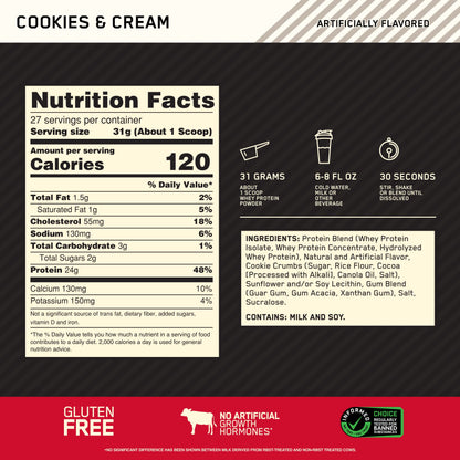 Optimum Nutrition Gold Standard 100% Whey Protein Powder, Cookies & Cream