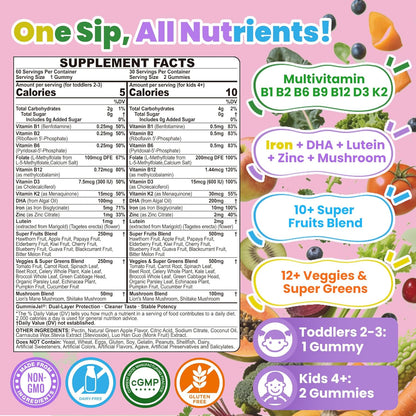 Toddlers 2-3 & Kids 4+ Picky Eater Vitamins with Iron, for Minors Aged 2-17, Children Teens Multiviamin Supergreen Filled Gummies, Methylated B6, B9,B12, Fruits + Veggies + Mushroom, Sugar Free