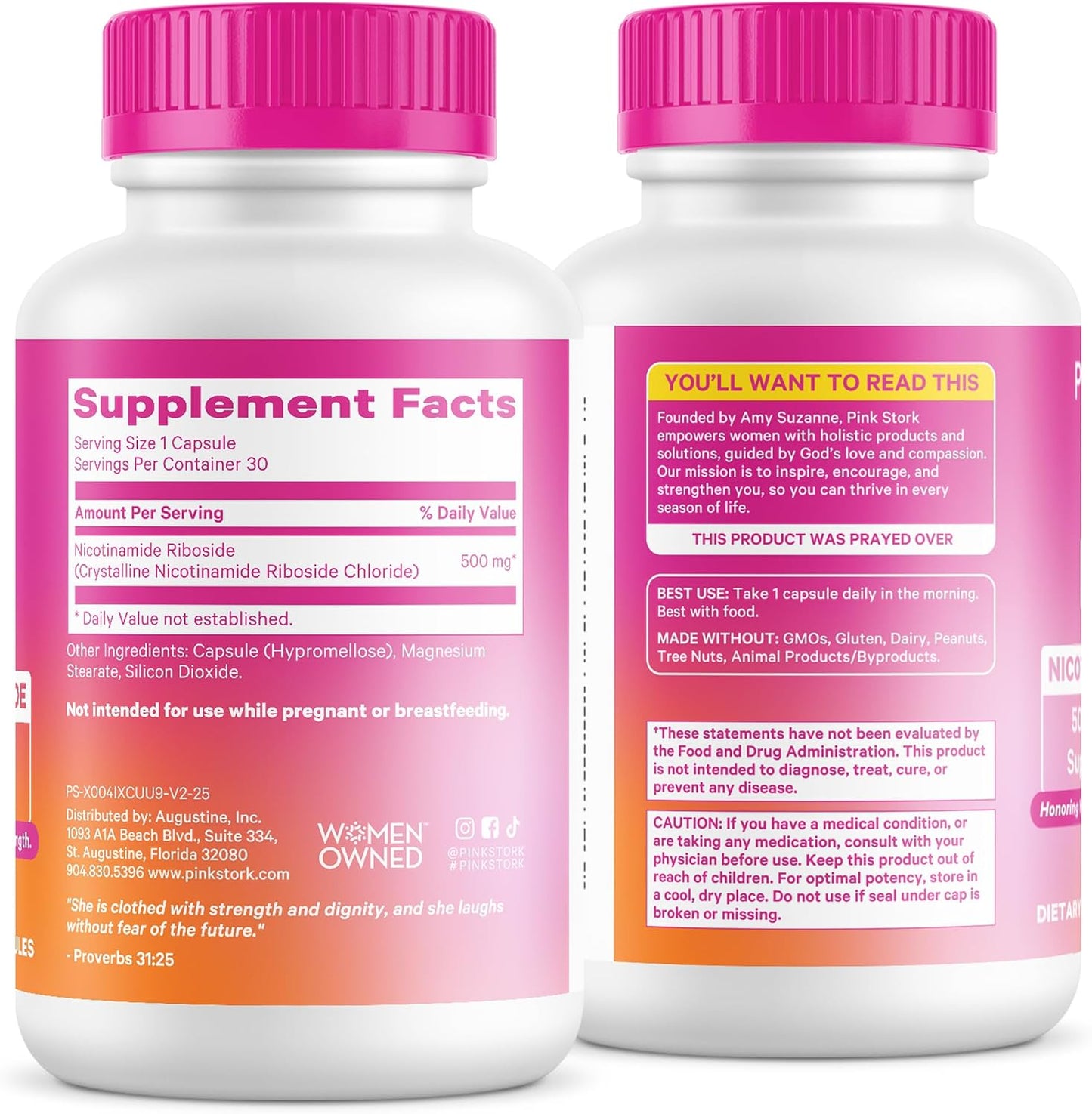 Pink Stork NAD+ Supplement for Women Over 30, 30 Capsules | 500 mg Nicotinamide Riboside NR, Clinically Studied Pure NMN Powder, Brain, Energy, + Cellular Skin Health Support