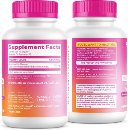 Pink Stork NAD+ Supplement for Women Over 30, 30 Capsules | 500 mg Nicotinamide Riboside NR, Clinically Studied Pure NMN Powder, Brain, Energy, + Cellular Skin Health Support
