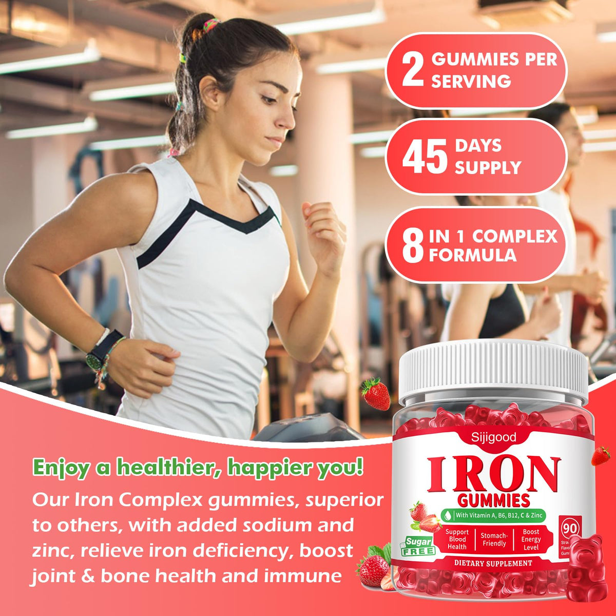 2 Pack Iron Gummies for Women & Men, Iron Supplement, Sugar Free, Vegan | for Anemia & Iron Deficiency, with Vitamin B12, Vitamin C, Zinc, Folate - Energy Boost, Strawberry Flavor, 120 Count