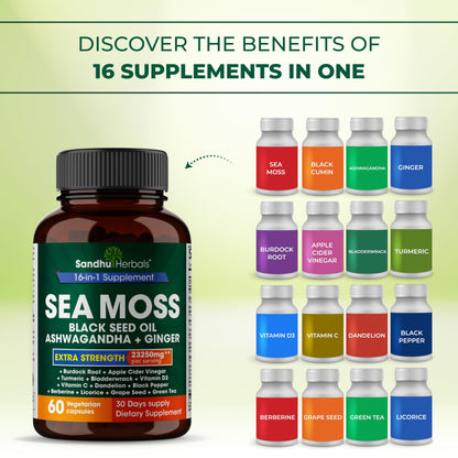 Sandhu Herbals Sea Moss 8000mg Black Seed Oil 5000mg Ashwagandha 2000mg Ginger