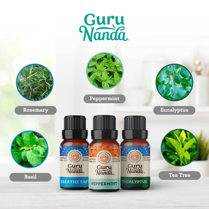 GuruNanda Breathe Essential Oil Set (Pack of 3 x 0.34 Fl Oz) - 100% Pure, Natural & Undilut