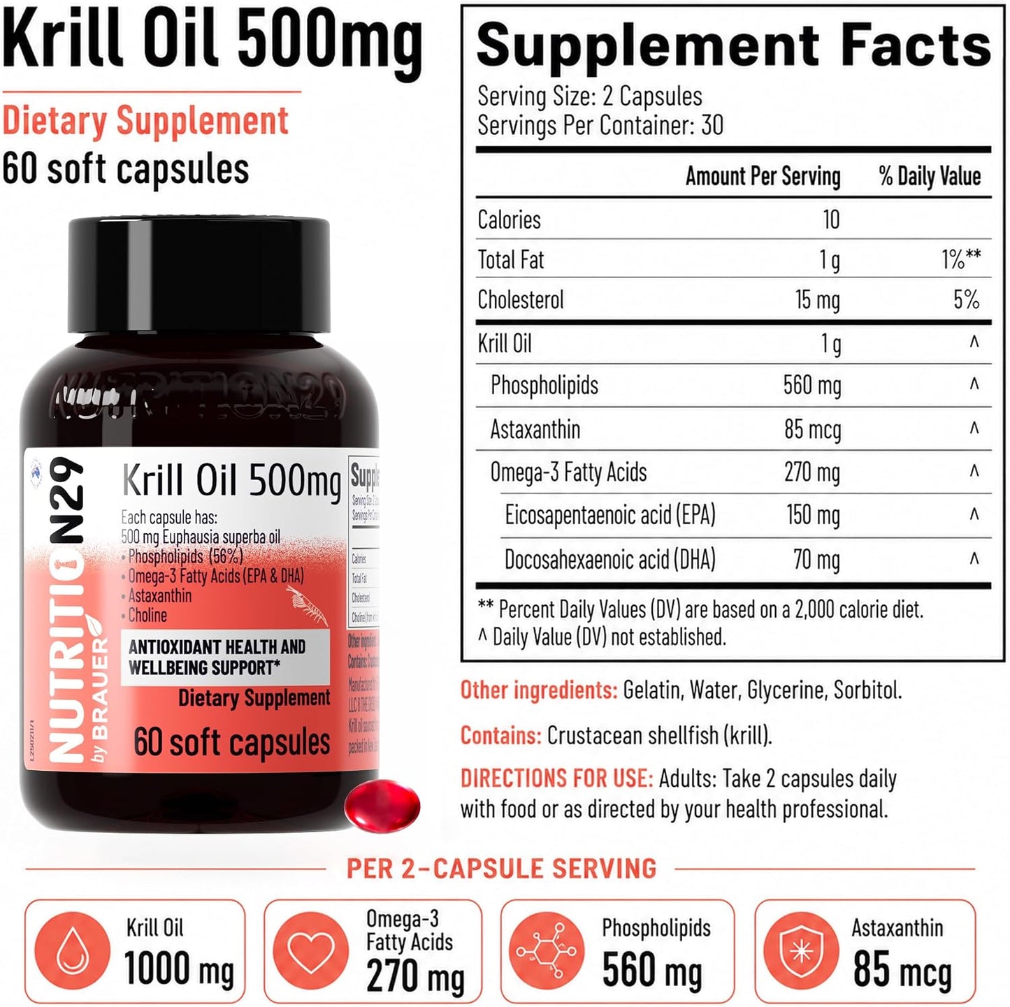 N29 Antarctic Krill Oil 500mg,60 softgels,Omega 3 Supplements with EPA,DHA | Astaxanthin,Phospholipid for Heart Brain Joint Skin Support,No Fishy Burps,Non-GMO, Gluten-Free