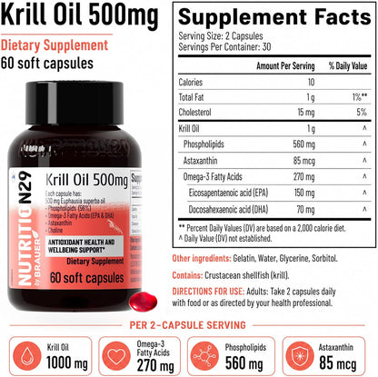 N29 Antarctic Krill Oil 500mg,60 softgels,Omega 3 Supplements with EPA,DHA | Astaxanthin,Phospholipid for Heart Brain Joint Skin Support,No Fishy Burps,Non-GMO, Gluten-Free