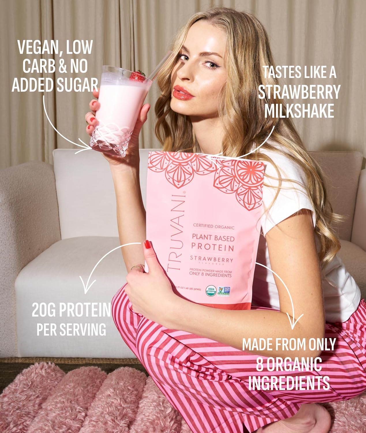 Truvani Organic Plant Based Protein Powder | Strawberry | 10 Servings | Vegan | 20g Pea Protein | Single Serving Travel Packets | Keto | Gluten & Dairy Free | Low Carb