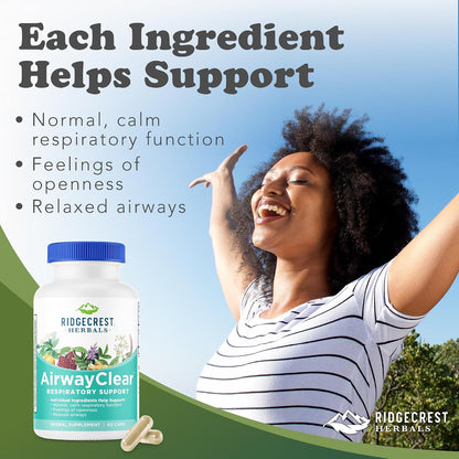 RidgeCrest Herbals AirwayClear Natural Lung and Breathing Support 60 Ct | 30 Servings, Gluten Free, Vegan Capsules, Schisandra Fruit, Cassia Bark, Ginger Root, Sinus, Mucus and Immune Wellness