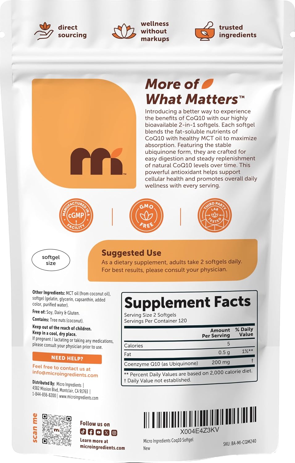 Micro Ingredients CoQ10 200mg Per Serving, 240 Softgels | Made with Coconut MCT Oil | Coenzyme Q10 (Ubiquinone) | Non-GMO