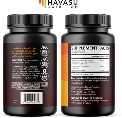 Saw Palmetto for Men, DHT Blocker and Prostate Health Supplement, 120 Count | Potent 3X Formula with Pumpkin Seed Oil and Stinging Nettle, Bladder and Urinary Support, Vegan, Non-GMO, 2-Month Supply