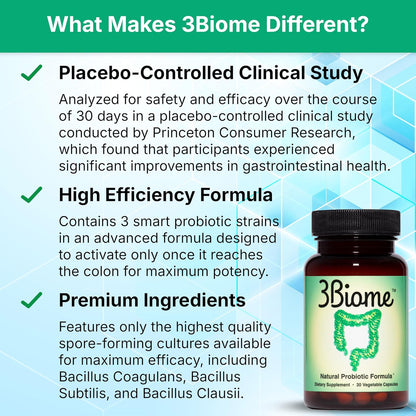 3Biome Natural Probiotic Supplement for Gut Health, Vegan, Gluten-Free | With Smart Probiotics to Improve Digestion and Regularity While Easing Gas, Bloating, and Stomach Discomfort, 30-Day Supply