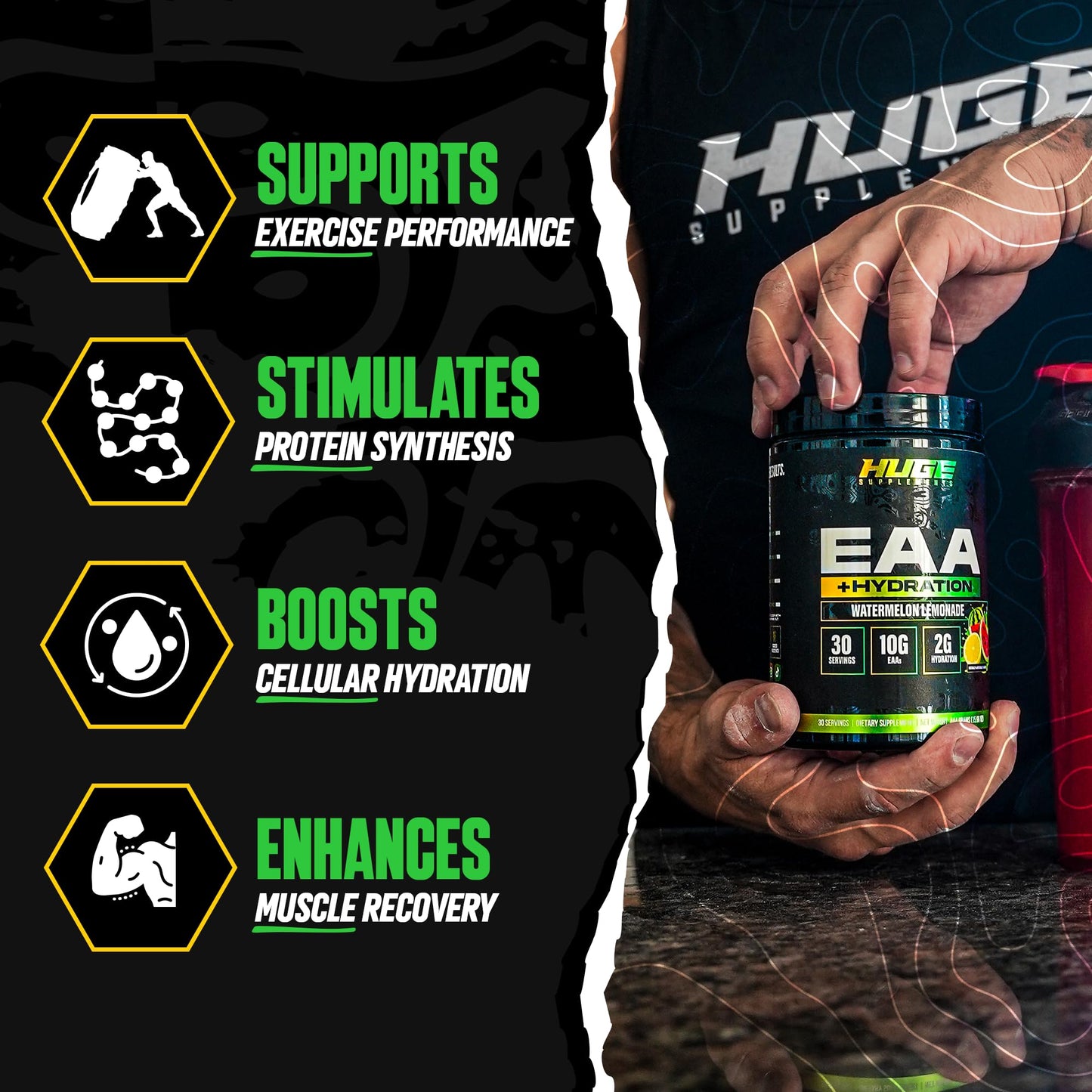 Huge EAA + Hydration, Essential Amino Acids Powder, EAAs & BCAAs, Intra & Post Workout Recovery Powder, Muscle Growth, Recovery & Performance, 10g EAAs & Electrolytes, Kiwi Blueberry, 30 Servings