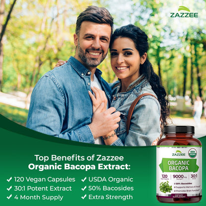 Zazzee USDA Organic Bacopa 30:1 Extract, 50% Bacosides, 120 Vegan Capsules, 4 Month Supply, Bacopa Monnieri, Cognitive, Brain & Memory Support, Non-GMO, Organic Herbal Supplement, Made in the USA