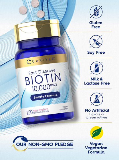 Carlyle Biotin 10000mcg | 250 Fast Dissolve Tablets | Max Strength | Vegetarian, Non-GMO