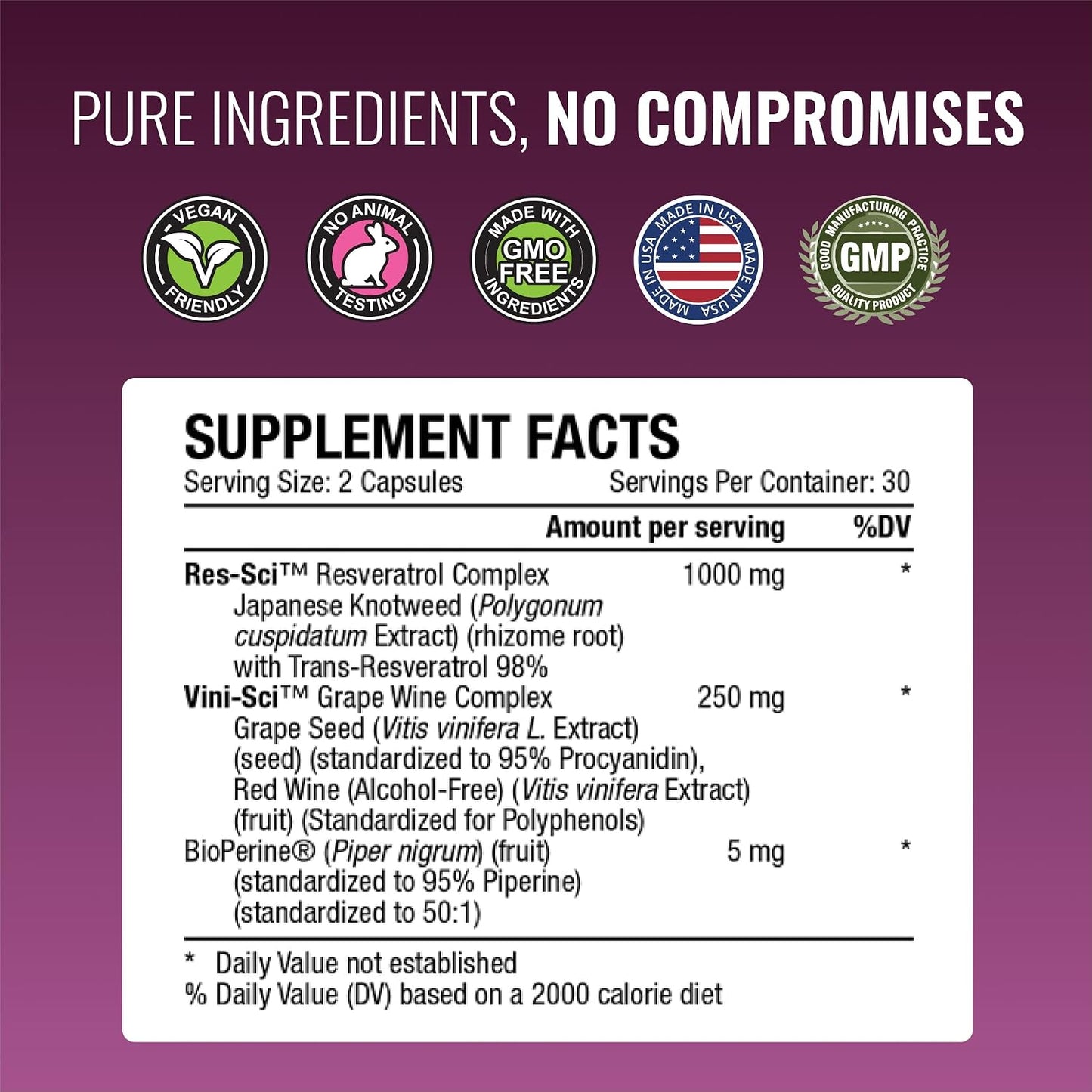 Approved Science® Resveratrol - 1000 mg of Trans Resveratrol - 250 mg of Polyphenol - 98% Purity Level - Includes Bioperine® - 60 Vegan Friendly Capsules - 1 Bottle